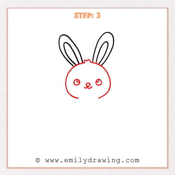 how to draw an easter bunny - The third stage of the Easter bunny drawing adds a round head, two large eyes, a small nose, a curved mouth, and a tiny tuft of fur between the ears.